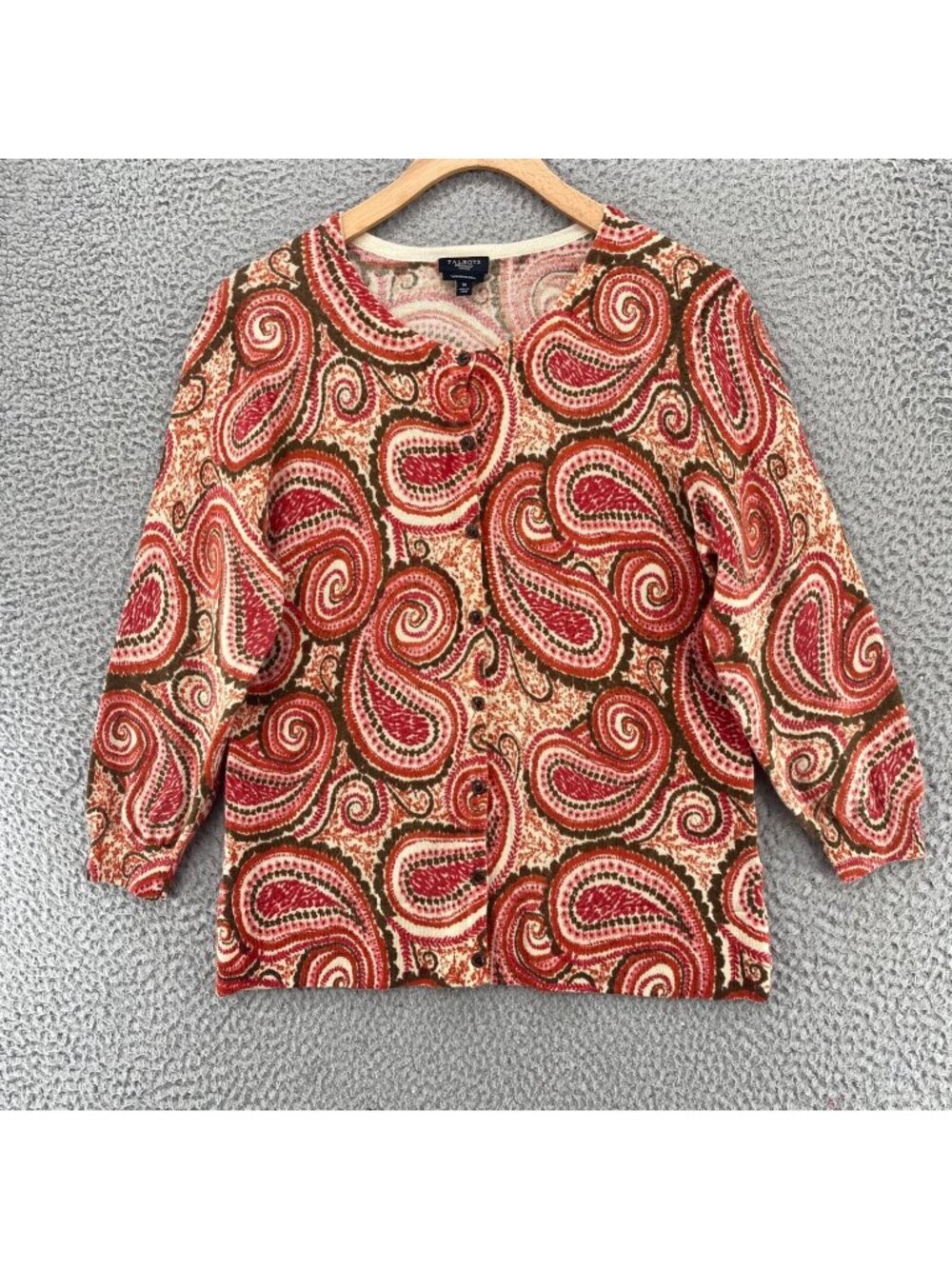 Talbots Sweater Womens Medium Petite Orange Multi Paisley Merino Wool Button Up